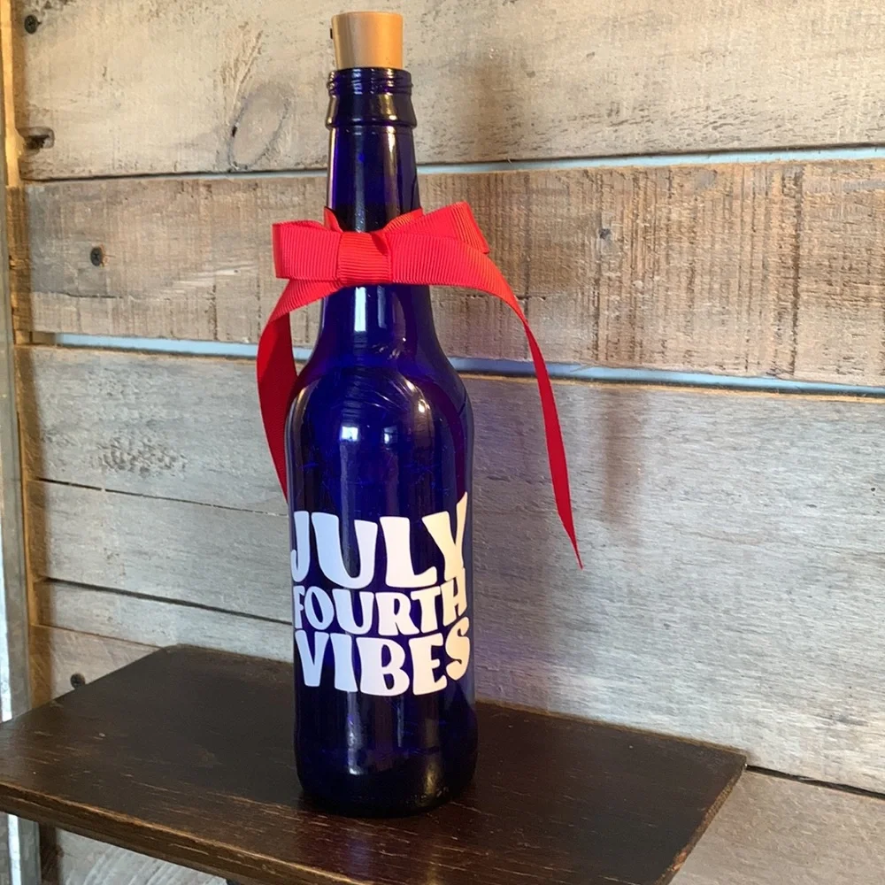 Hand Crafted- ‘July Fourth Vibes’ blue bottle lantern